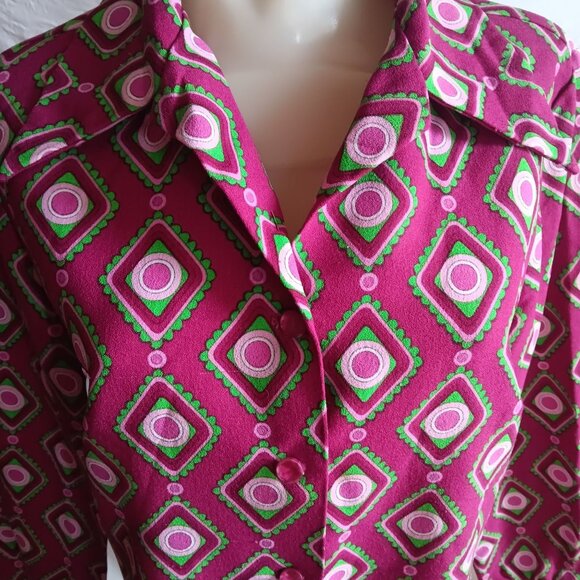 Large Vintage 70s Women's Blouse Groovy Purple Polyester Geometric Top Shirt - Picture 1 of 8